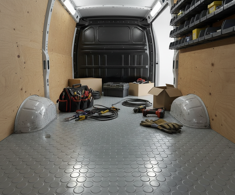 Van Liner Rubber Flooring Studded Penny Pattern R11 Non-Slip Heavy Duty Roll - industrial mat UK - product hero shot showing full dimensions