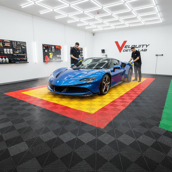 Vented garage floor tiles in professional car detailing bay UK