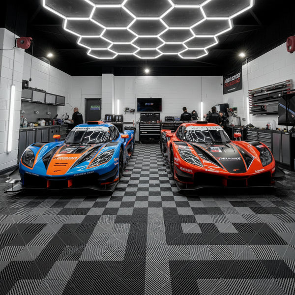 Vented floor tiles in F1 motorsport racing team garage UK