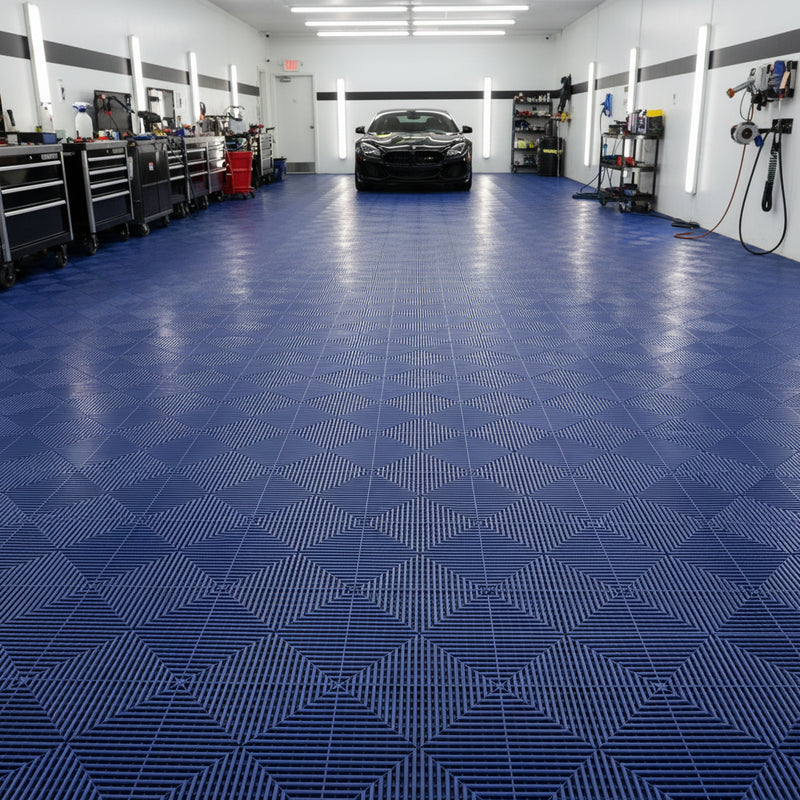 Dark blue vented garage floor tiles UK