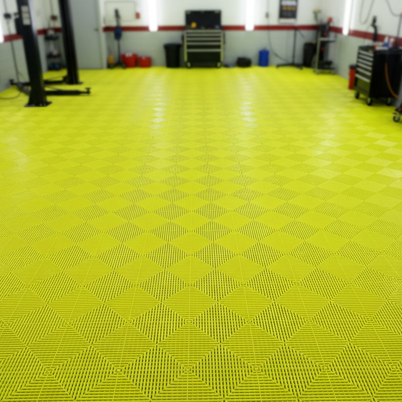Fluorescent yellow vented garage floor tiles UK