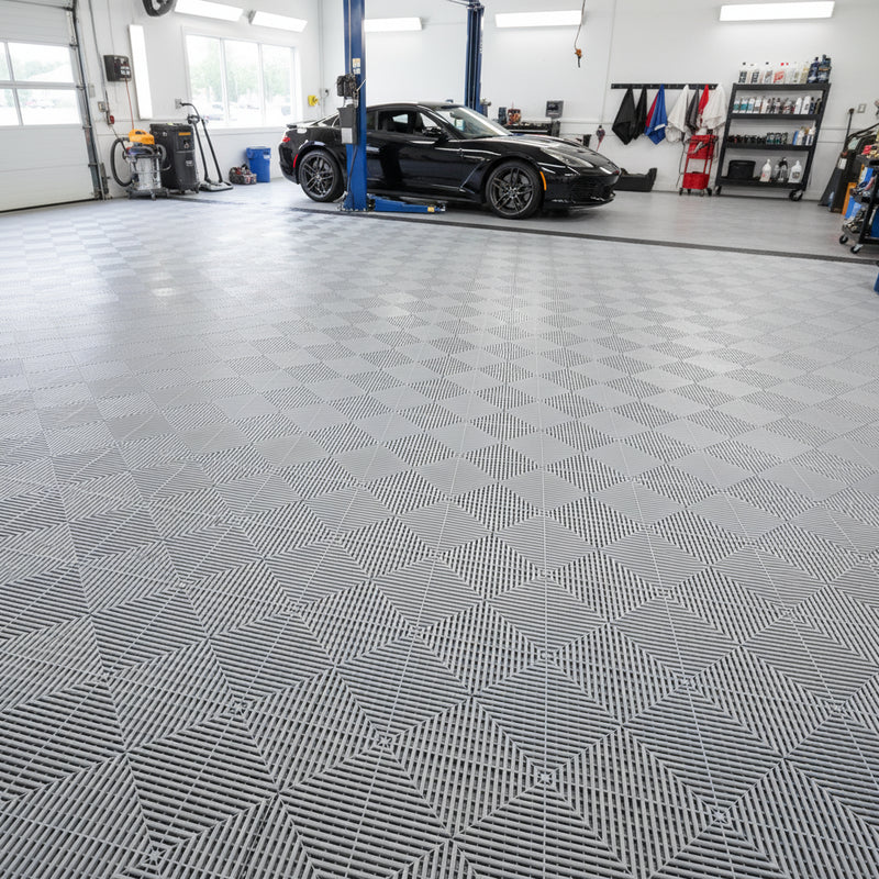 Light grey vented garage floor tiles UK