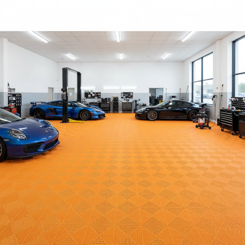 Orange vented garage floor tiles UK