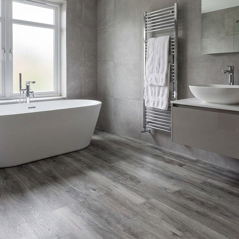 Wood effect self-adhesive vinyl planks in modern UK bathroom