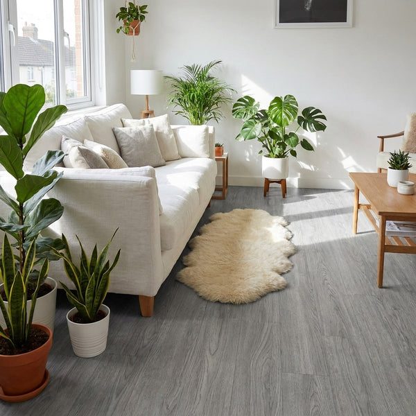 Washed grey vinyl planks in Scandi-inspired UK living room