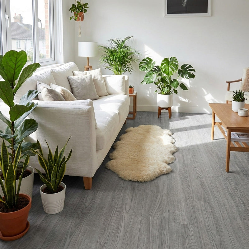 Washed grey vinyl planks in Scandi-inspired UK living room