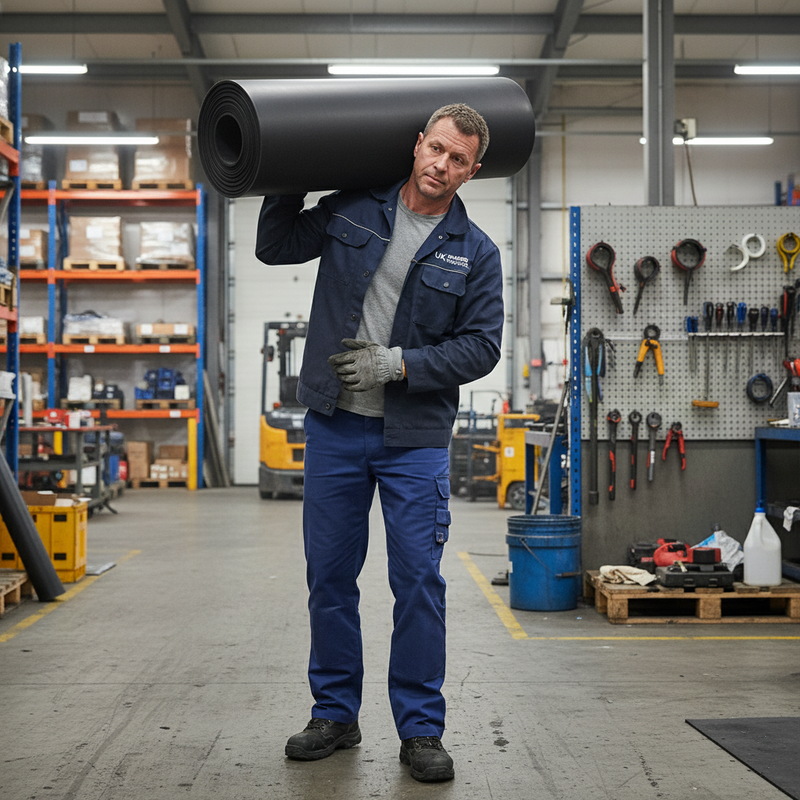 Worker Carrying Heavy Duty Industrial Rubber Roll in Warehouse UK