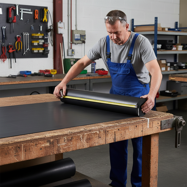 Worker Measuring Heavy Duty Rubber Roll on Industrial Workbench UK